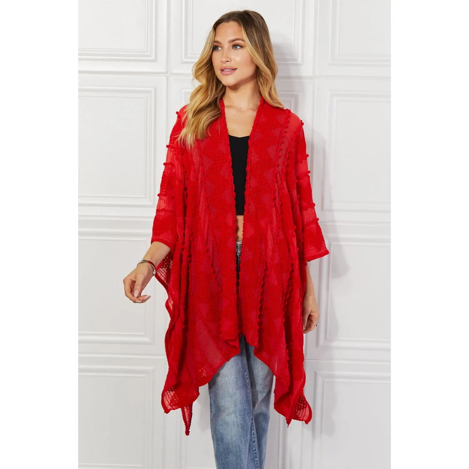 Justin Taylor Pom-Pom Asymmetrical Poncho Cardigan in Red