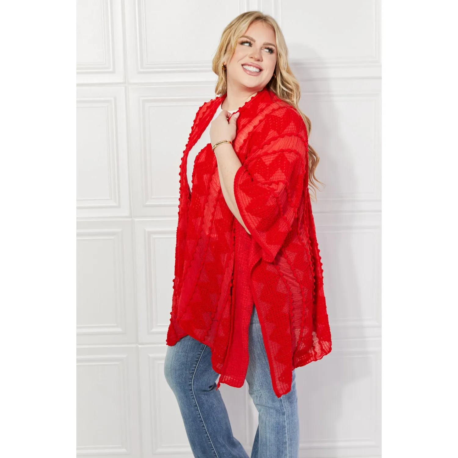 Justin Taylor Pom-Pom Asymmetrical Poncho Cardigan in Red