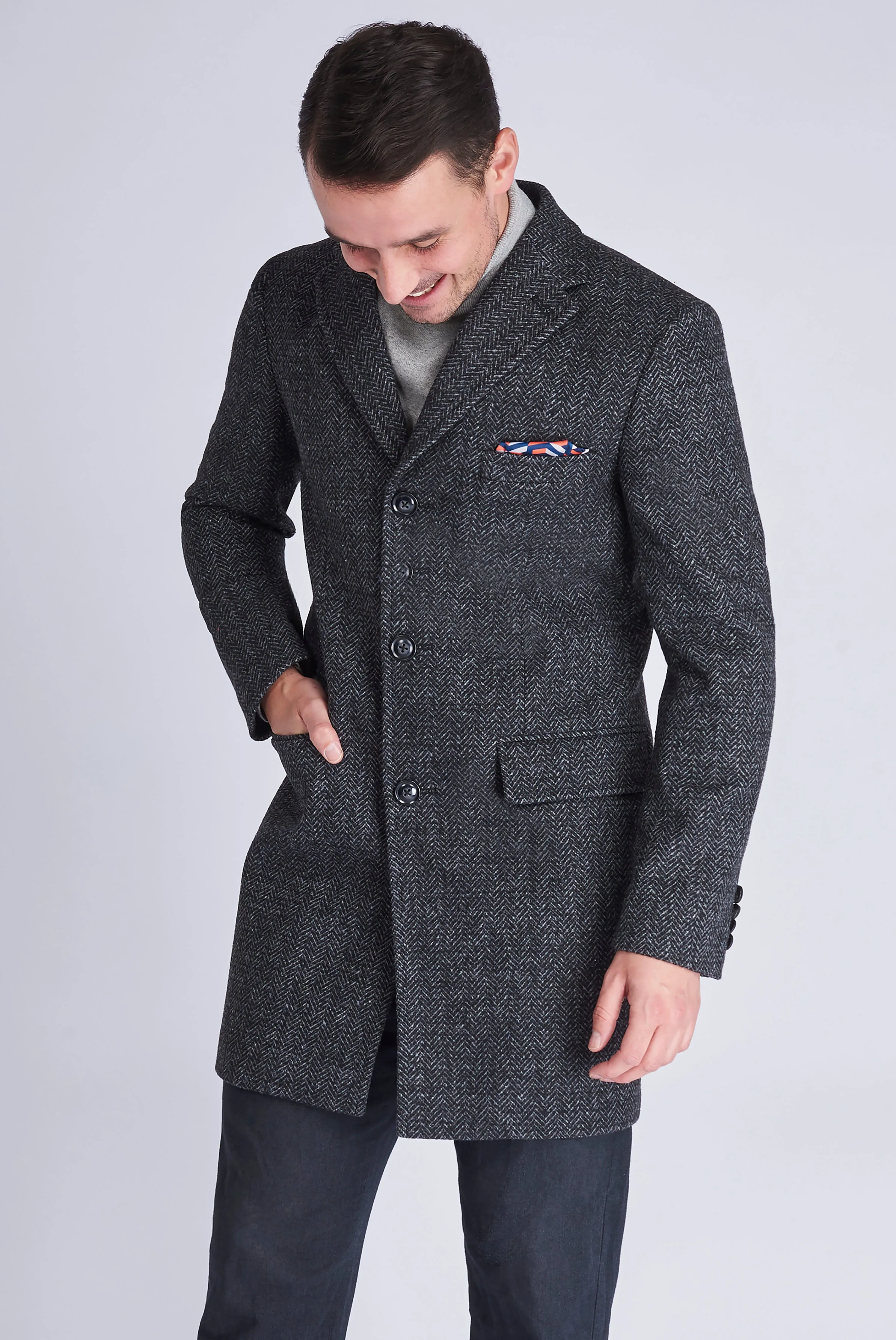 LANDON Single Breasted Grey Herringbone Coat