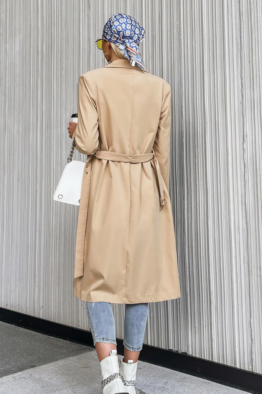 Lapel Collar Belted Trench Coat with Pockets