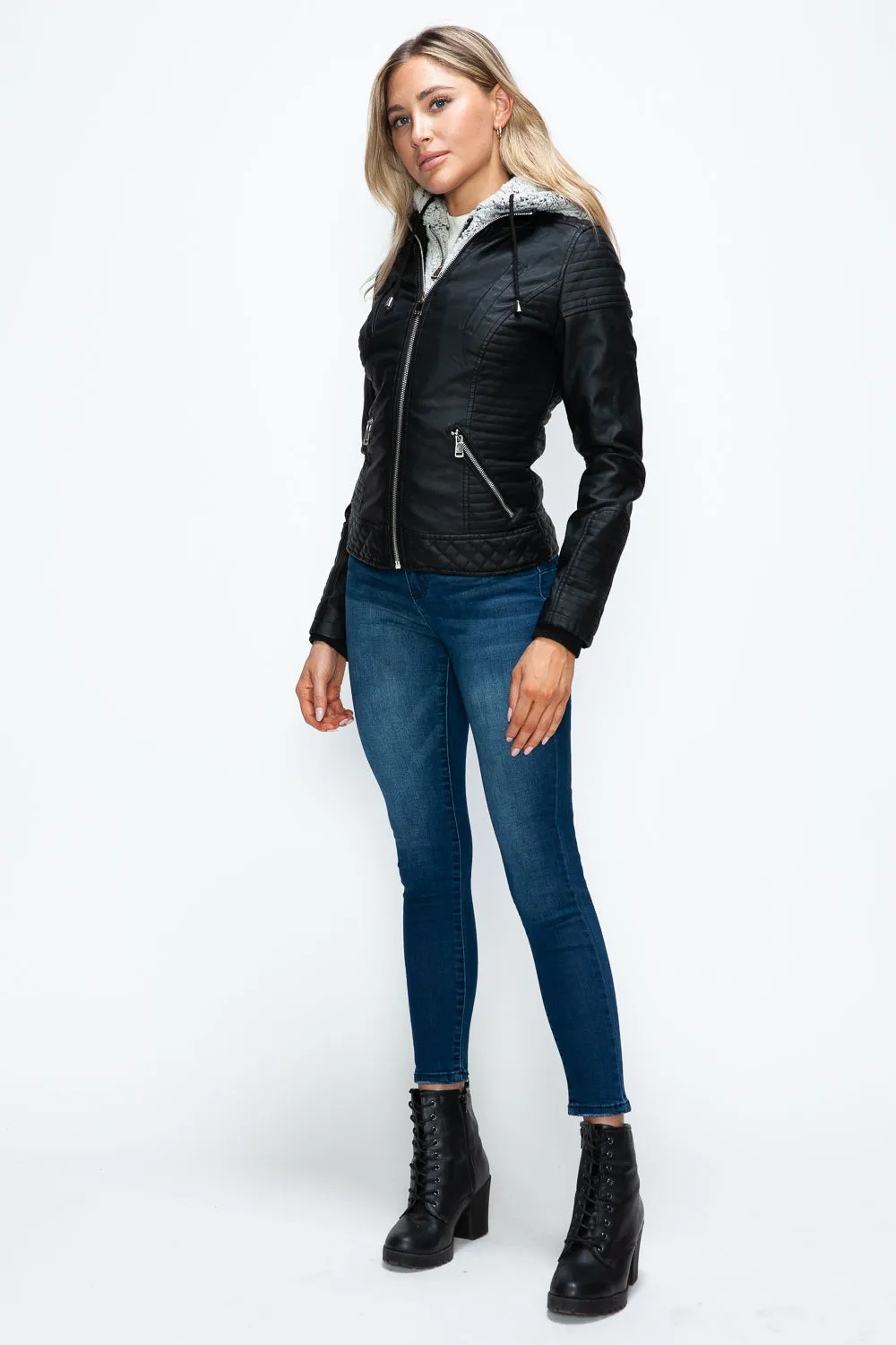 Layered Double-Zipper Jacket with Fuzzy Hood