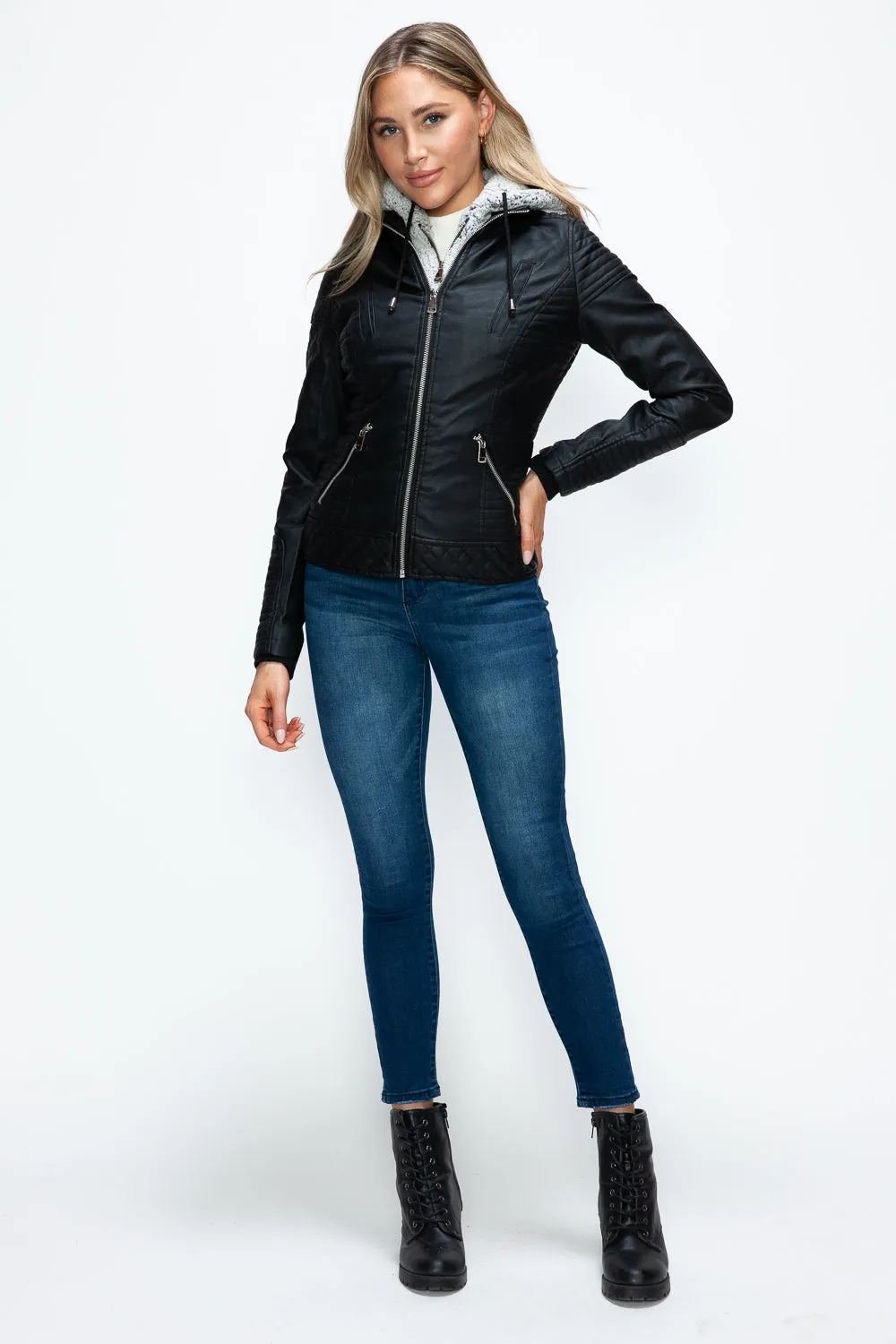 Layered Double-Zipper Jacket with Fuzzy Hood