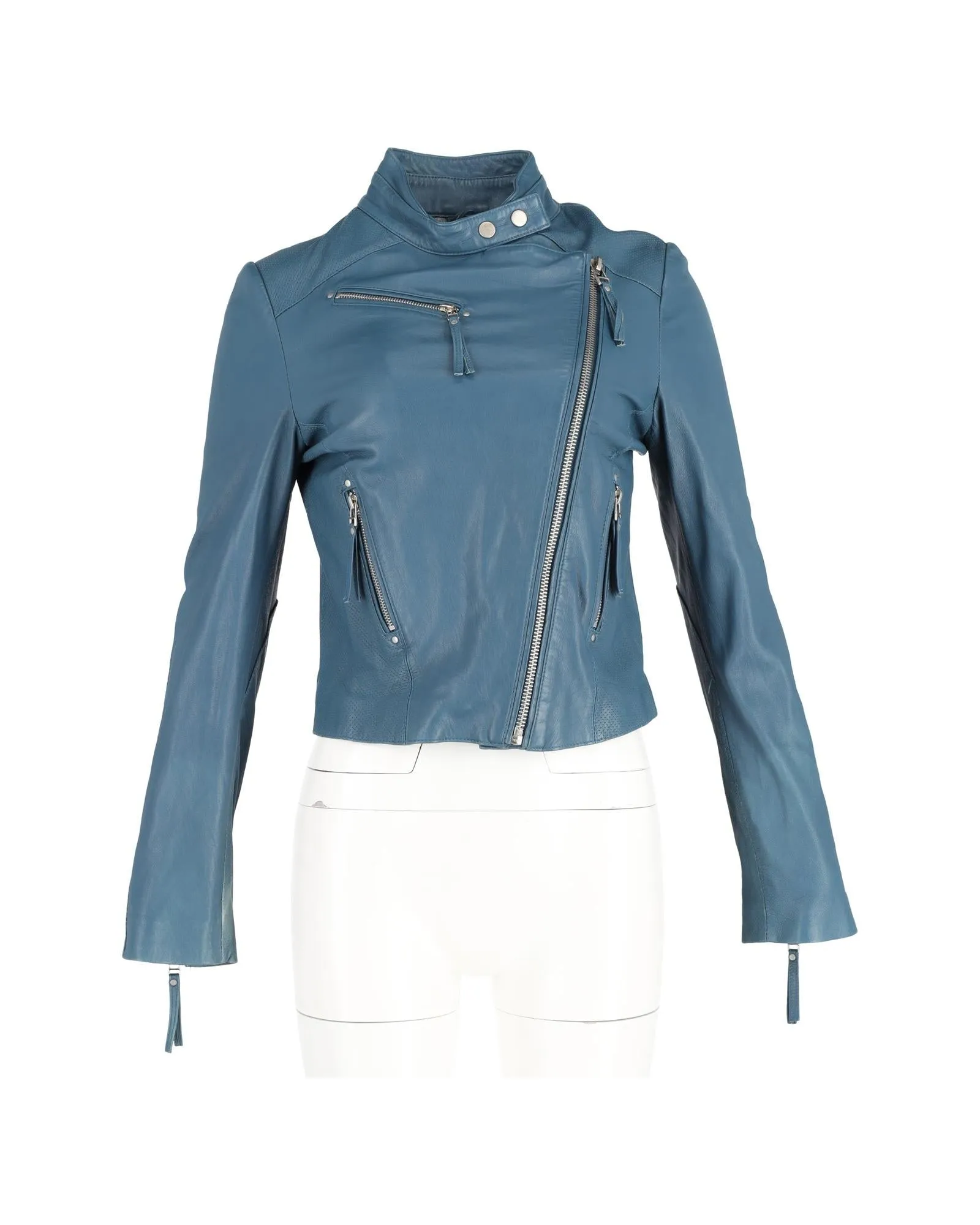 Light Blue Leather Biker Jacket with Quilted Details and Silver-Tone Hardware