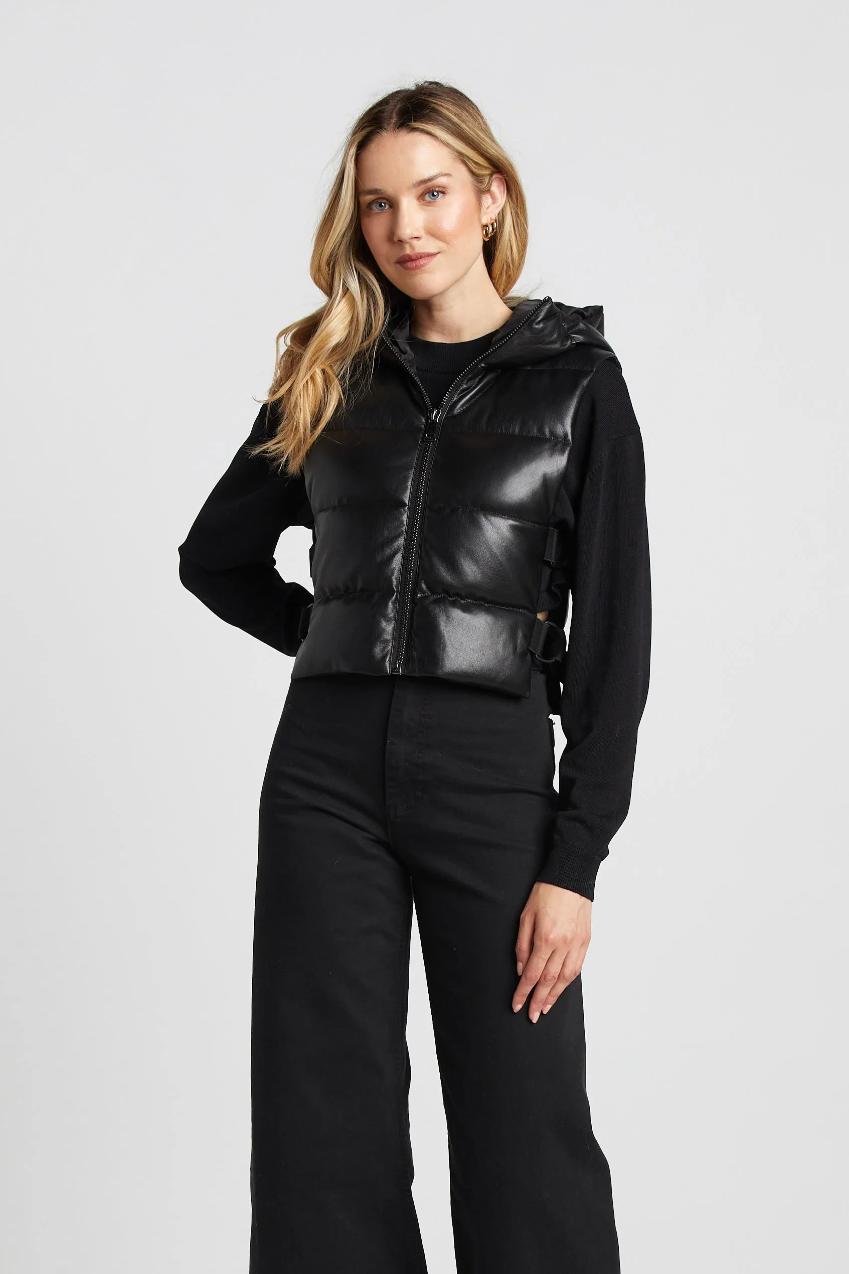 Lola Vegan Leather Quilted Full Zip Gilet With Adjustable Side Buckles - Black