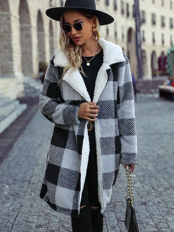 Long Sleeve Lapel Plaid Cardigan Double Face Casual Coat