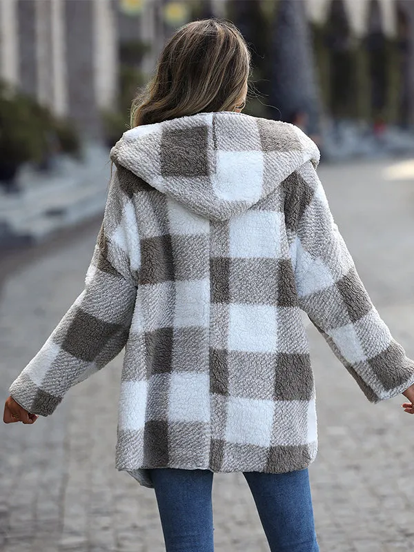 Long Sleeve Plush Hooded Plaid Bubble Velvet Buttonless Coat