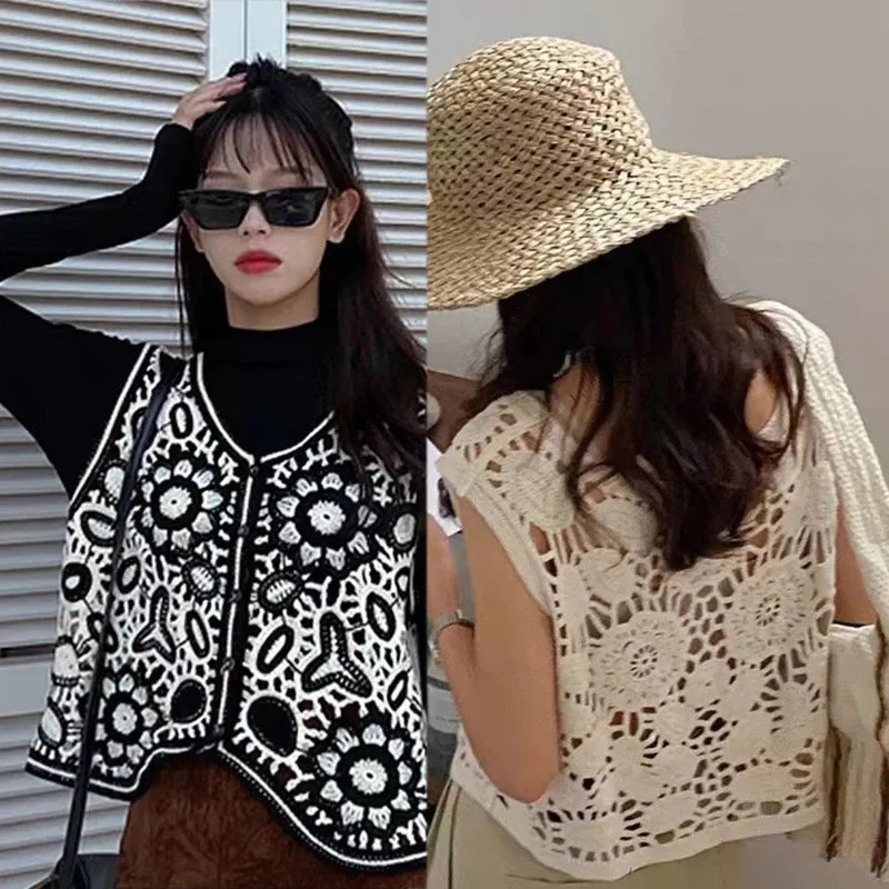 Lovely Women Summer Waistcoats Sleeveless Button Down Crochet Ins Floral Knit Cardigan Tops Ins Korean Female Outerwear M6CD