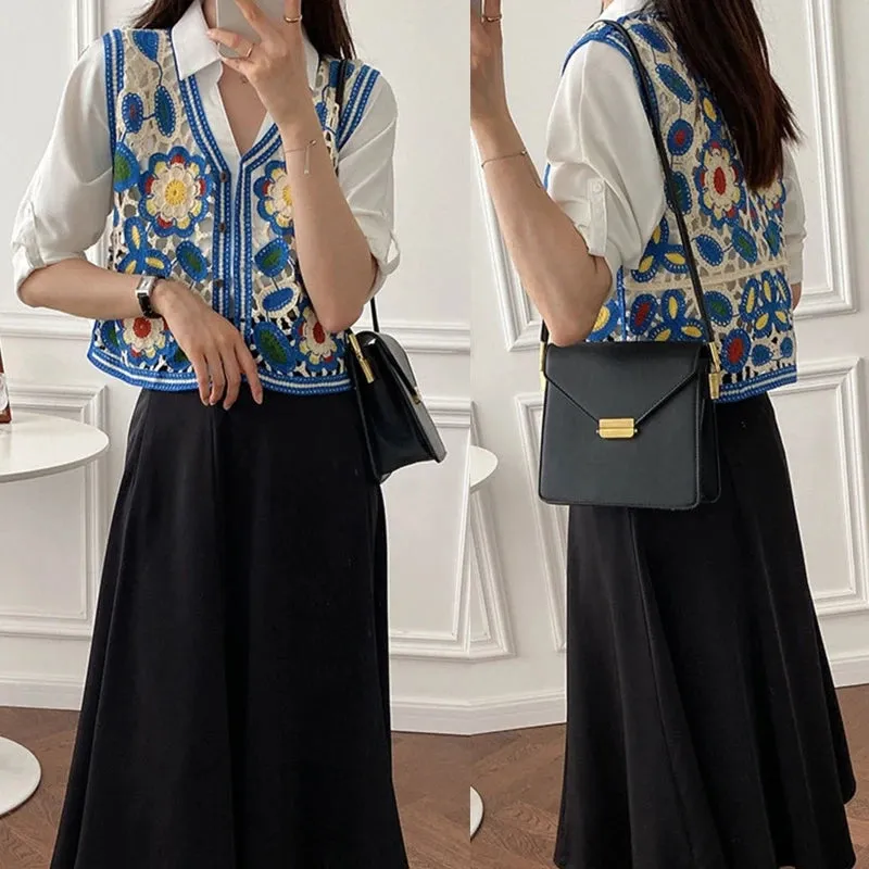 Lovely Women Summer Waistcoats Sleeveless Button Down Crochet Ins Floral Knit Cardigan Tops Ins Korean Female Outerwear M6CD