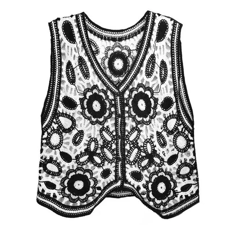 Lovely Women Summer Waistcoats Sleeveless Button Down Crochet Ins Floral Knit Cardigan Tops Ins Korean Female Outerwear M6CD