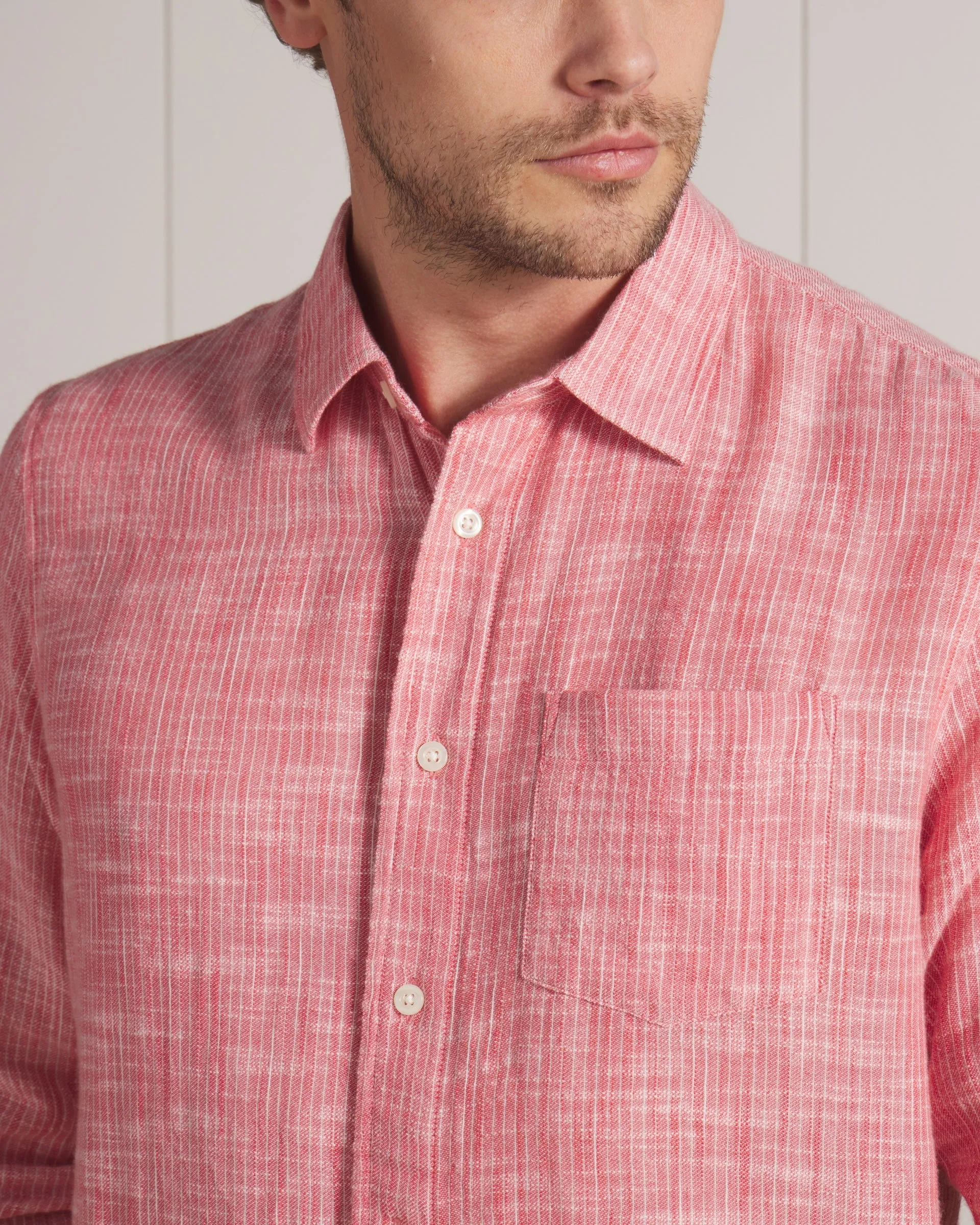 Madras Cottage Loom Chambray Shirt - Red Chambray Stripe