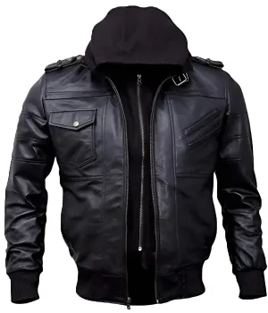 Men's Black Bomber Hooded Leather Jacket