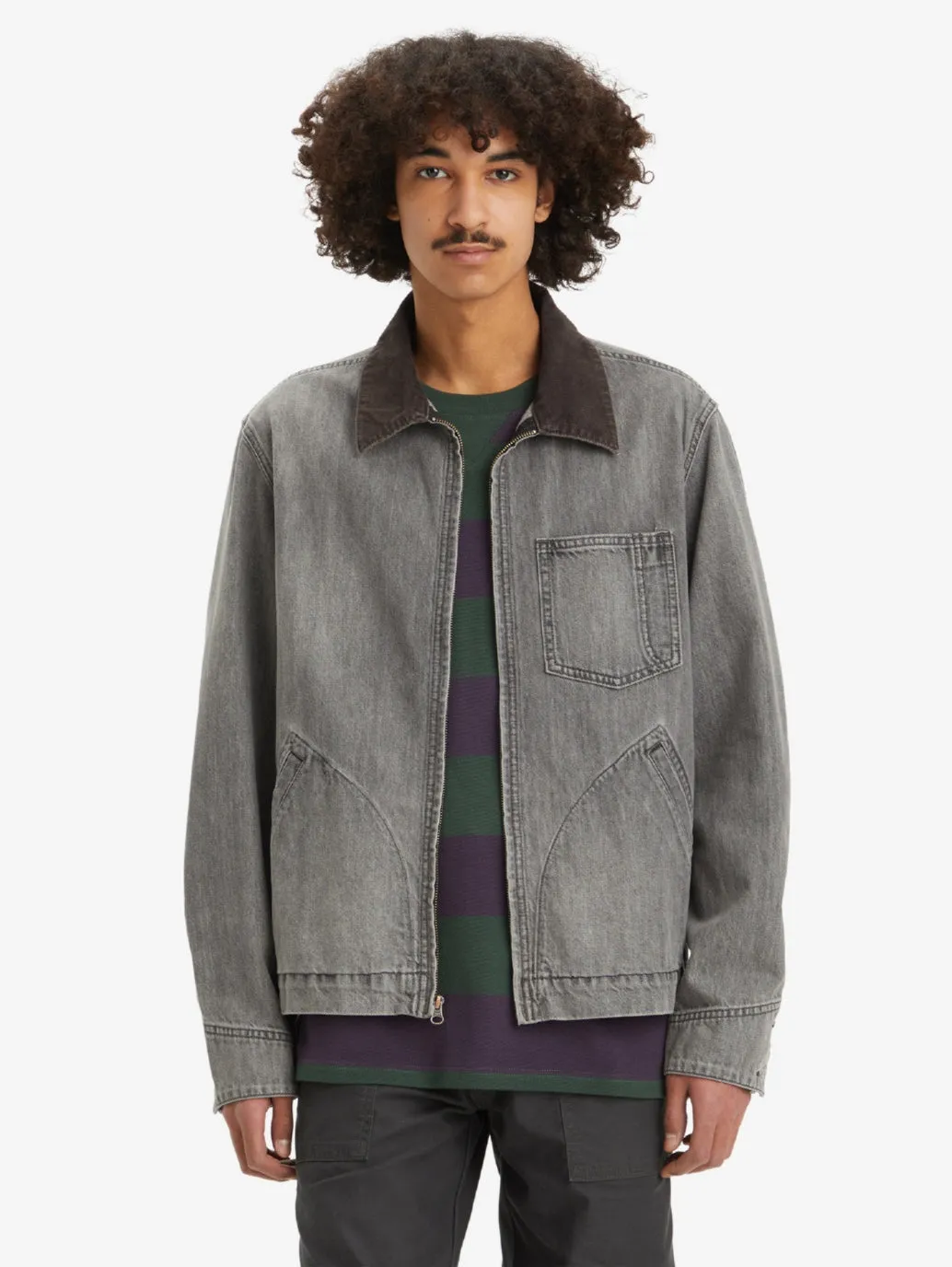 Men's Solid Charcoal-Grey Spread Collar Denim Jacket