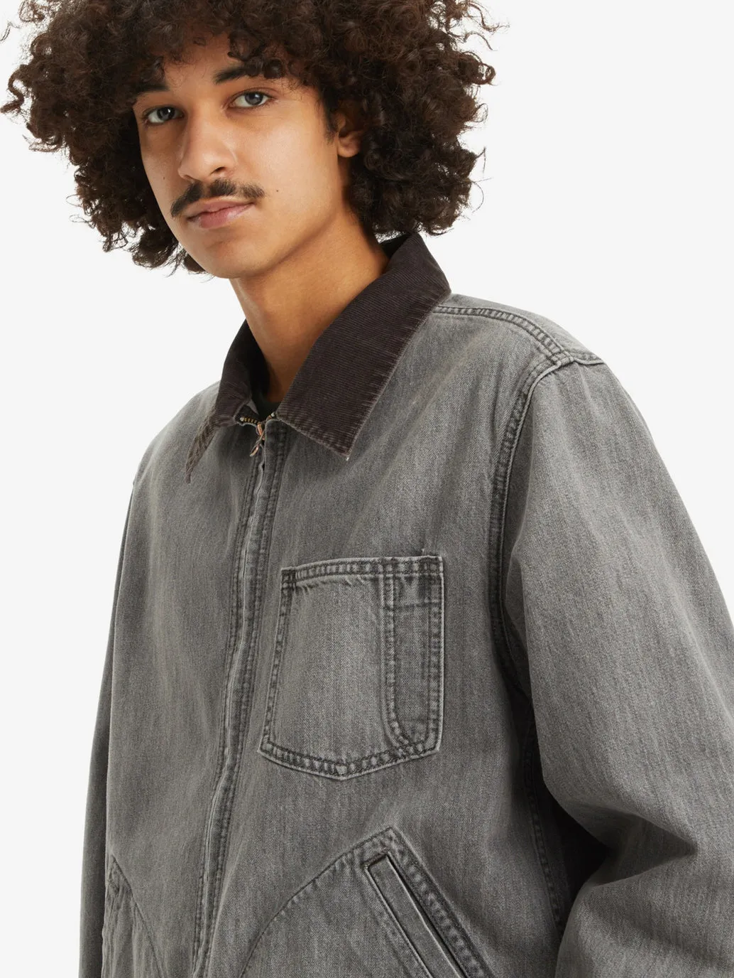 Men's Solid Charcoal-Grey Spread Collar Denim Jacket