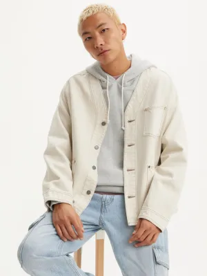 Men's Solid Cream V Neck Denim Jacket