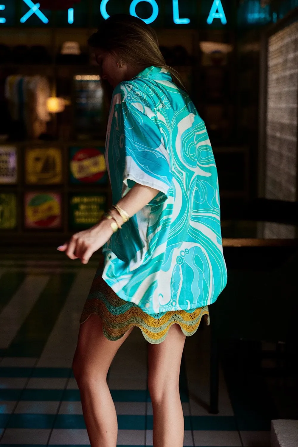 Miami Silk Satin Hand Painted Oversized Shirt - Turquoise