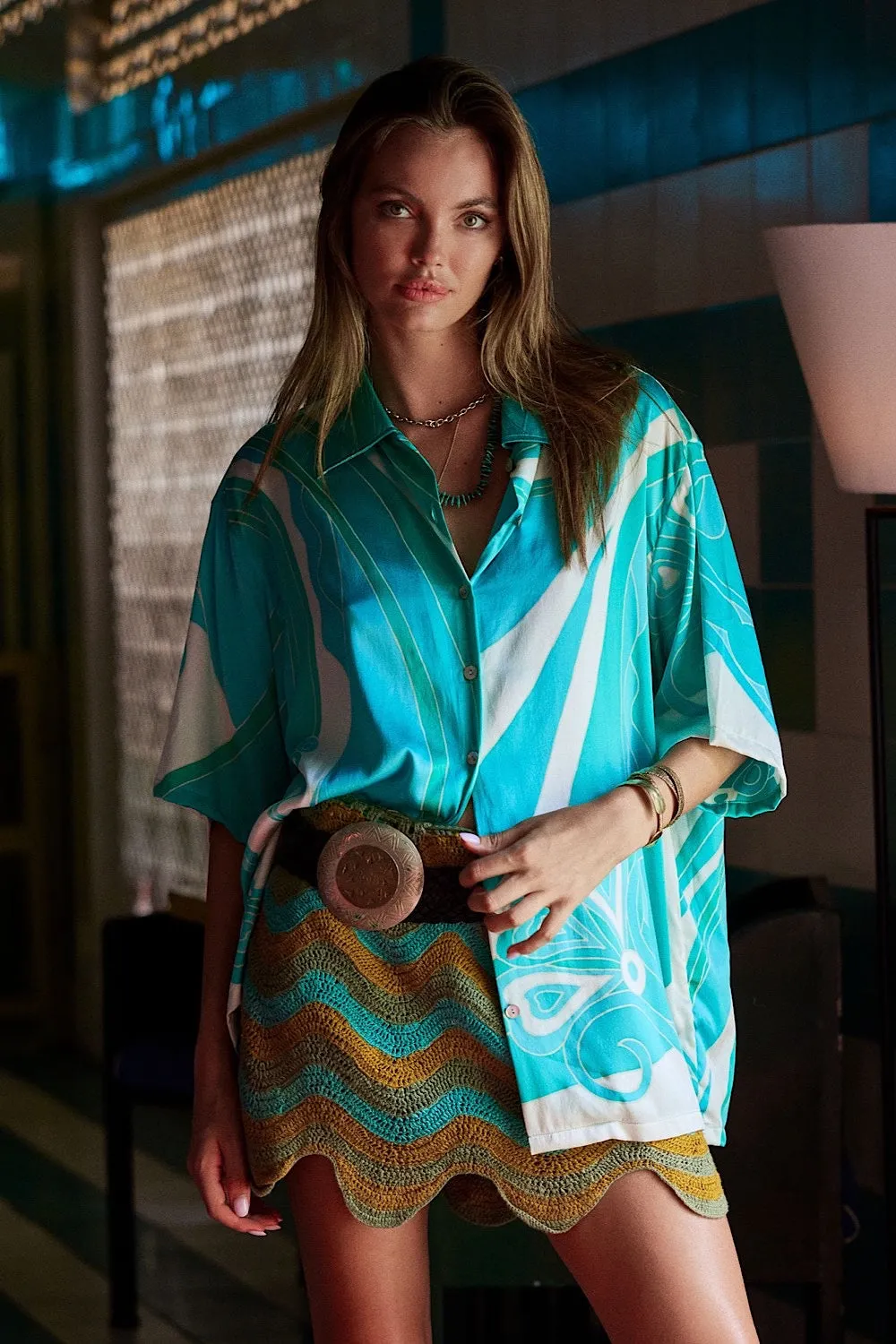 Miami Silk Satin Hand Painted Oversized Shirt - Turquoise