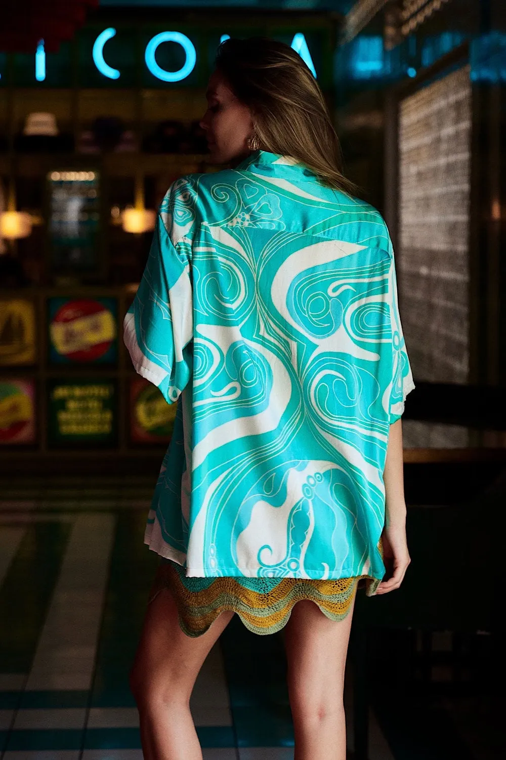 Miami Silk Satin Hand Painted Oversized Shirt - Turquoise