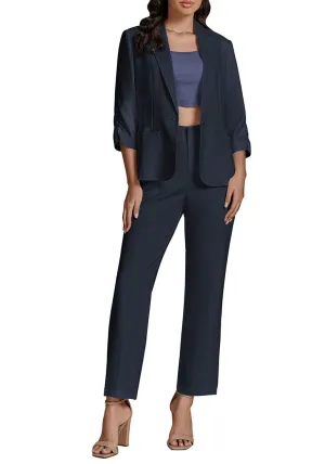 Navy Blue Two piece set of women's 3/4 sleeve business coat and pants suit