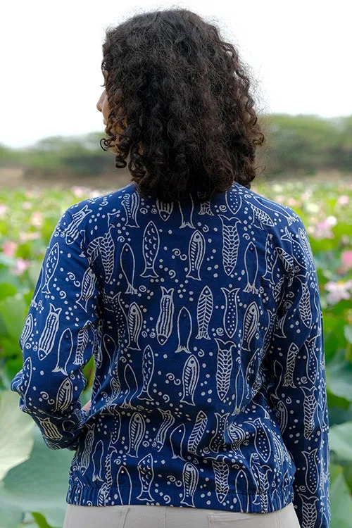 Okhai "Freshwater Medley" Mirrorwork Handblock Printed Pure Cotton Bomber Jacket