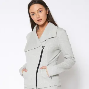 Oversized Collar Zip-Up Moto Jacket In Heather Grey