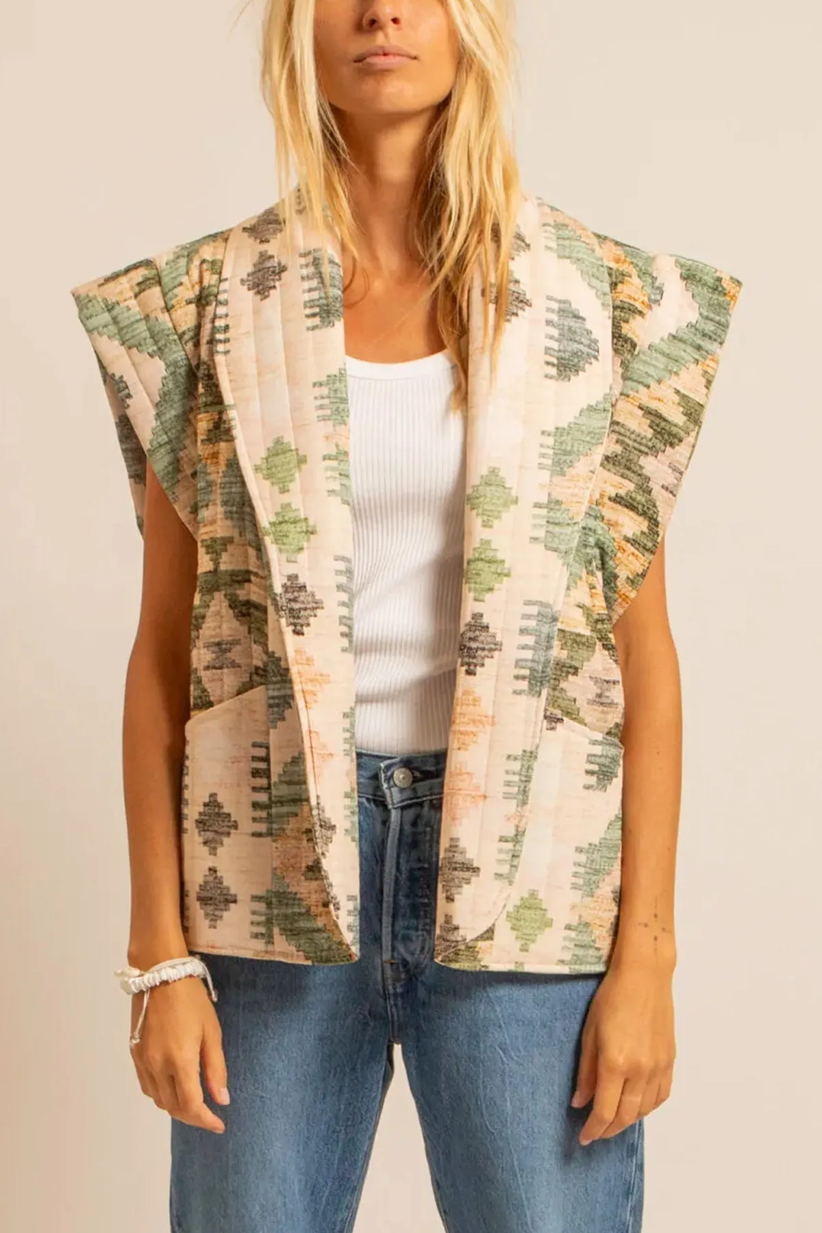 PADDED VISCOSE VEST "IKAT" GREEN