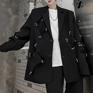 Patchwork Button Blazers For Women Notched Collar Long Sleeve Spliced Metal Buckle Loose Casual Blazer Female