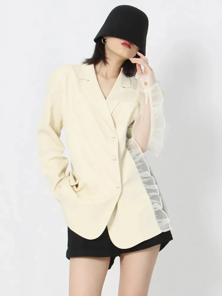 Patchwork Ruffle Solid Blazers For Women Notched Collar Long Sleeve Spliced Single Breasted Loose Blazer Female