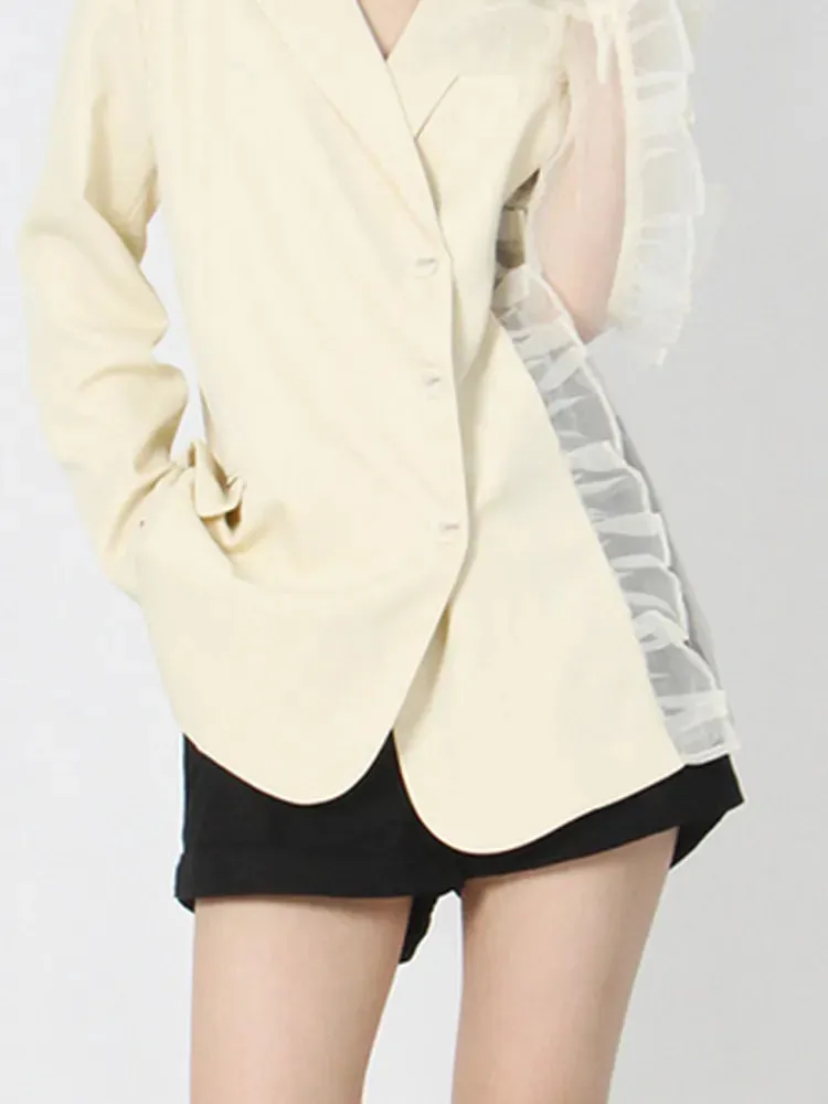 Patchwork Ruffle Solid Blazers For Women Notched Collar Long Sleeve Spliced Single Breasted Loose Blazer Female