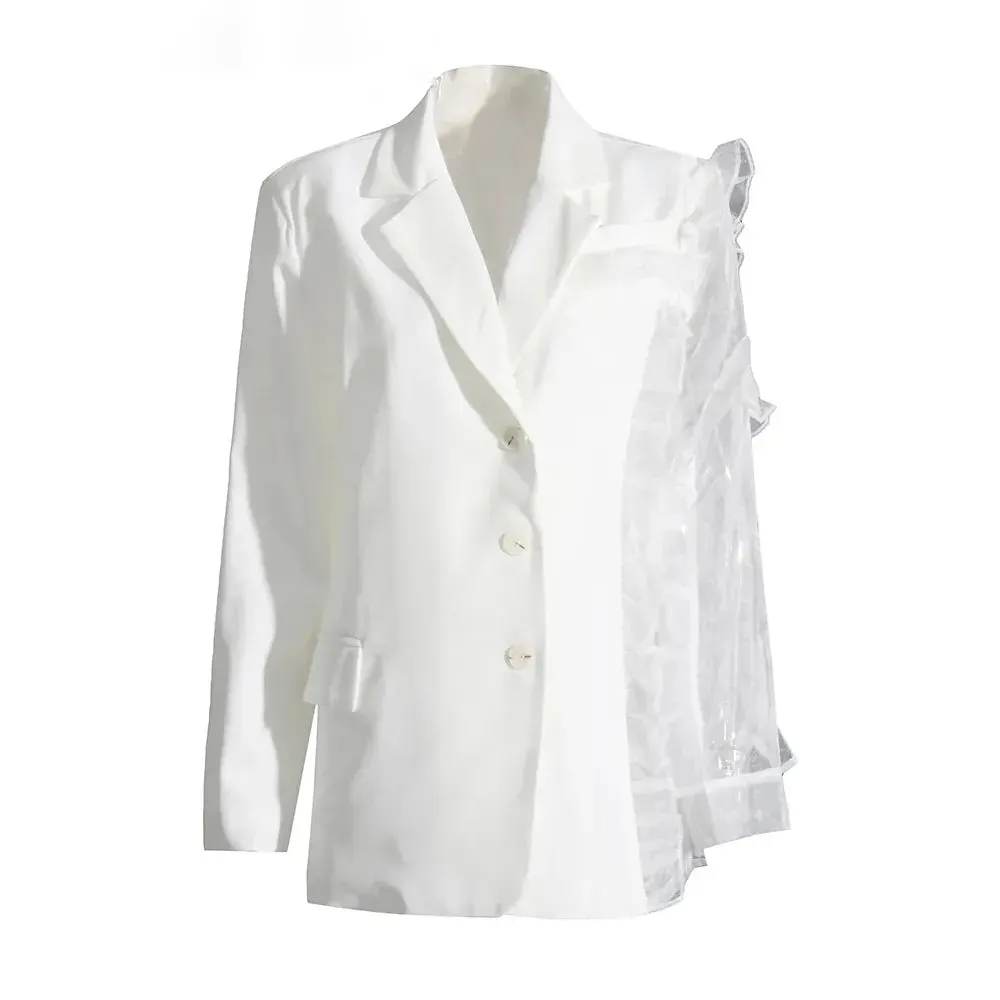 Patchwork Ruffle Solid Blazers For Women Notched Collar Long Sleeve Spliced Single Breasted Loose Blazer Female