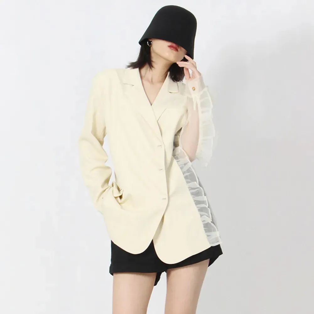 Patchwork Ruffle Solid Blazers For Women Notched Collar Long Sleeve Spliced Single Breasted Loose Blazer Female