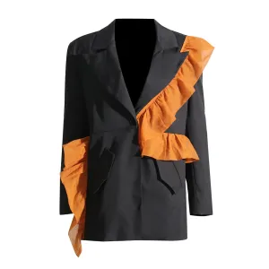 Patchwork Ruffles Blazers For Women Notched Collar Long Sleeve Casual Loose Hit Color Blazer Female Fashion Clothes