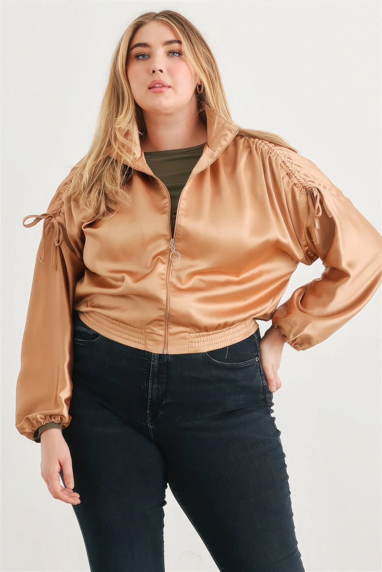 Plus Satin Zip-up Ruched Long Sleeve Cropped Bomber Jacket