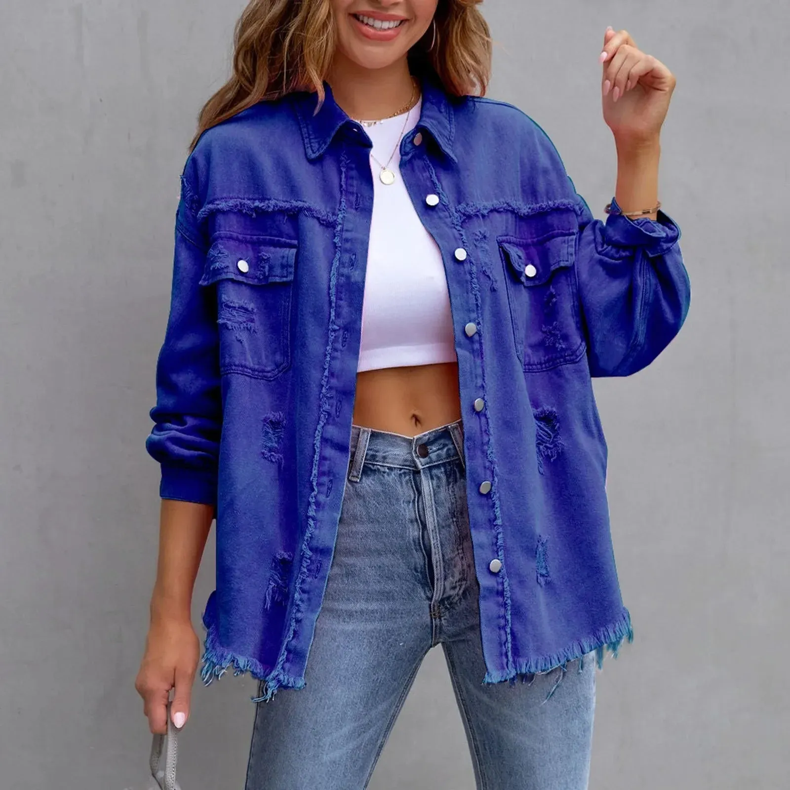 Ripped Oversized Denim Jacket with Lapel Button