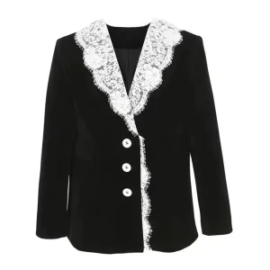 Solid Patchwork Lace Casual Loose Blazers For Women Notched Collar Long Sleeve Spliced Button Blazer Female