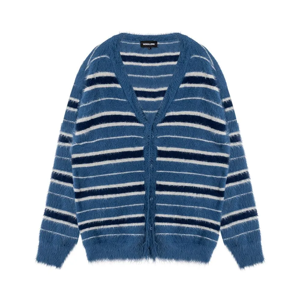 Stripe brushed cardigan blue