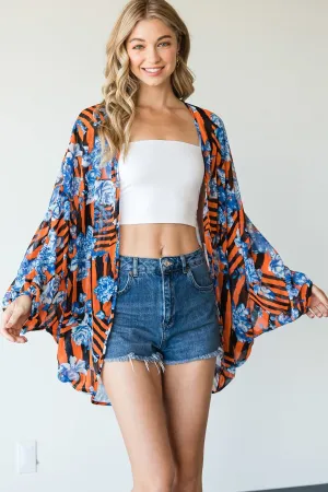 Stripes And Floral Print Lightweight Kimono