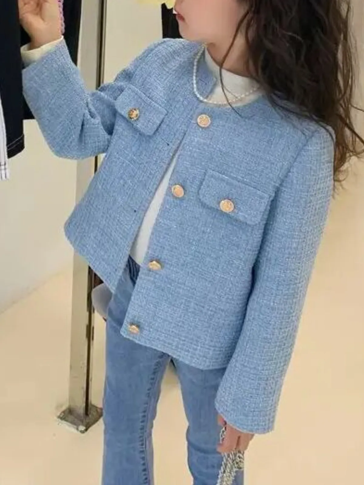 Stylish Girls' Button-Front Tweed Jacket