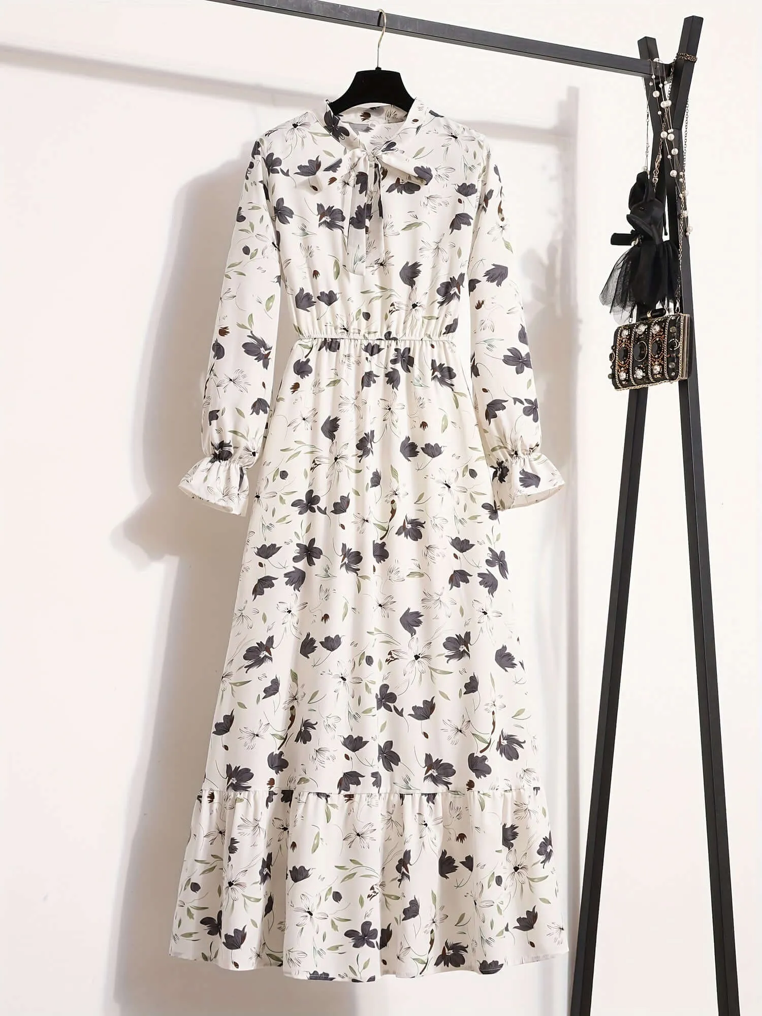 Tropical Breeze: Floral Print Tie Neck Long Sleeve Dress