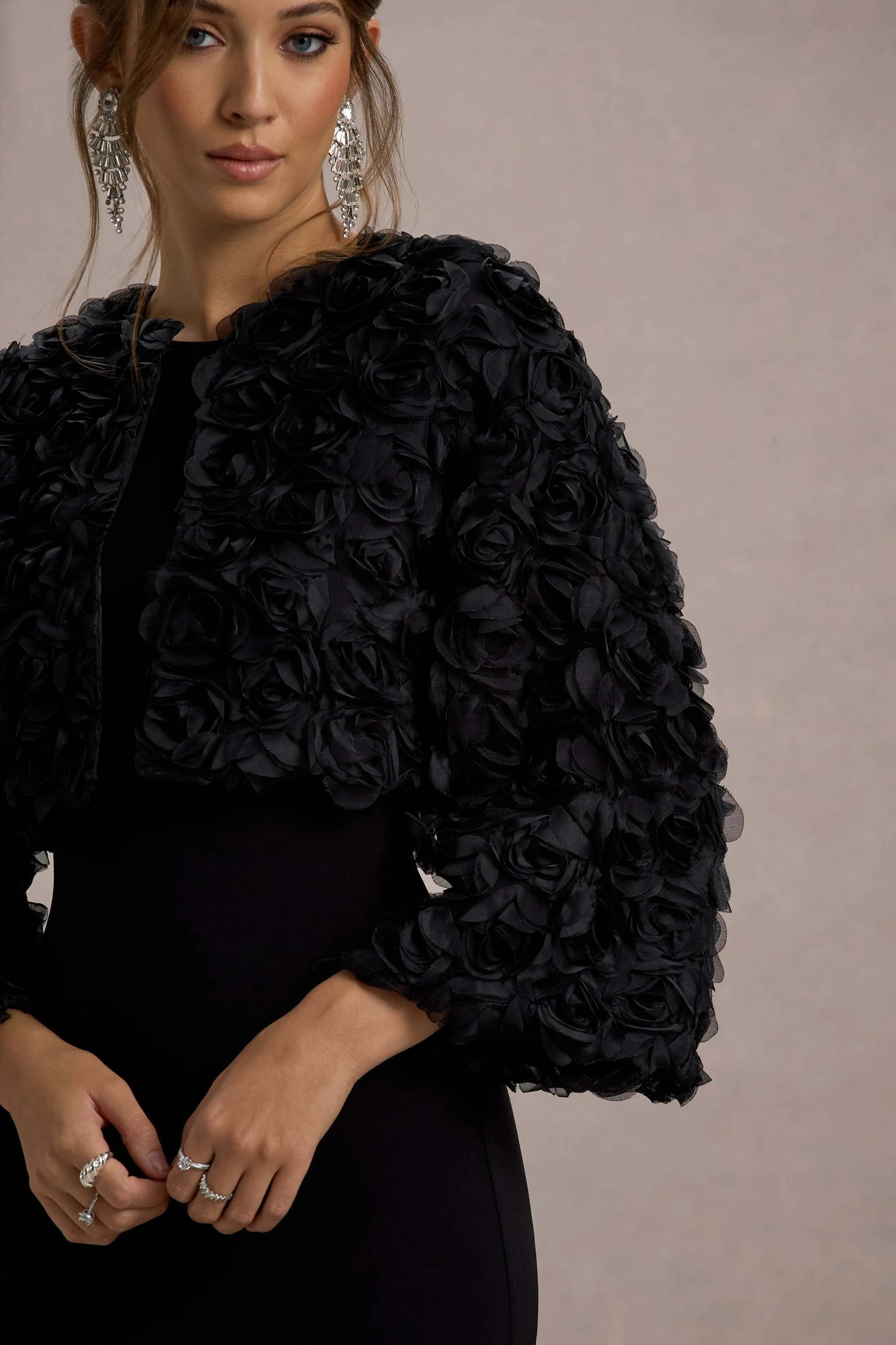 Tulip Twirl | Black Mesh Floral Cropped Jacket