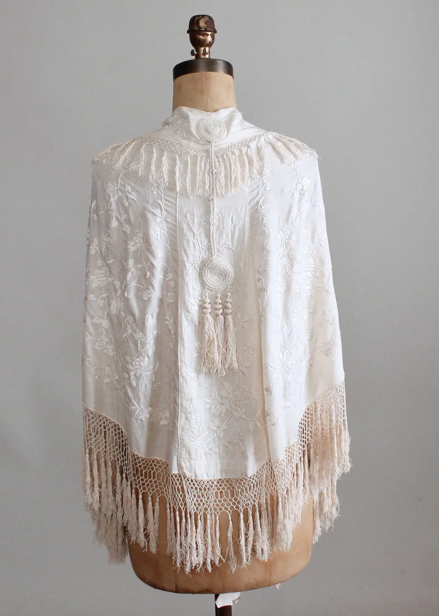 Vintage 1920s Embroidered Fringe Shawl Cape