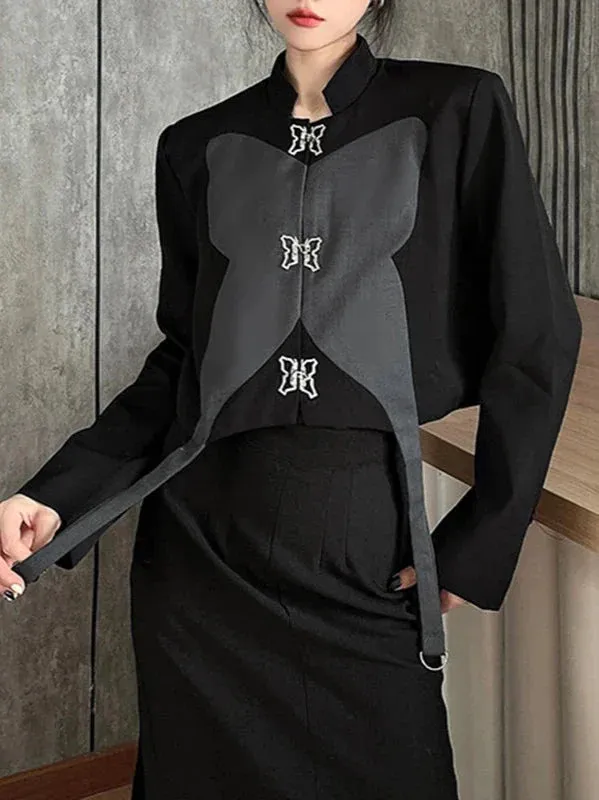 Wenkouban-Winter outfits Christmas Black Friday Mandarin Collar Patchwork Rhinestone Butterfly Short Blazer