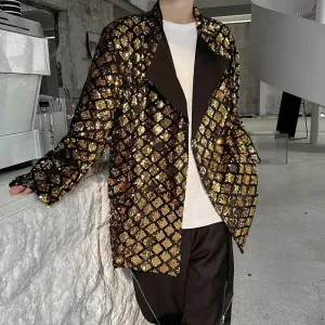 Wiaofellas Men Sequin Vintage Fashion Blazers New Loose Casual Suit Blazer Male Nightclub Stage Show Clothing Korean Streetwear Jacket Coat