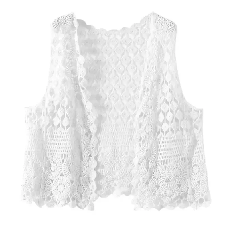 Women Summer Crochet Sleeveless Vest Waistcoat Ethnic Hollow Out Knit Diamond Circle Pattern Solid Color Cardigan Beach Cover Up