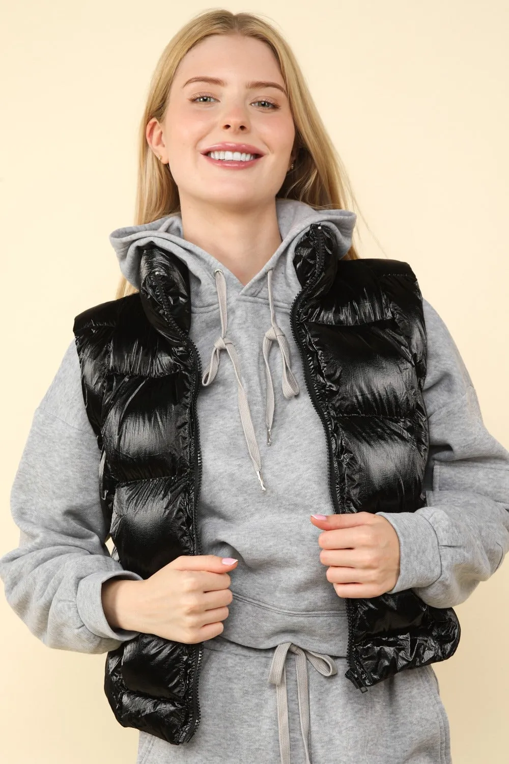 Women's Black Shiny Metallic Zip Up Puffer Vest with Pockets