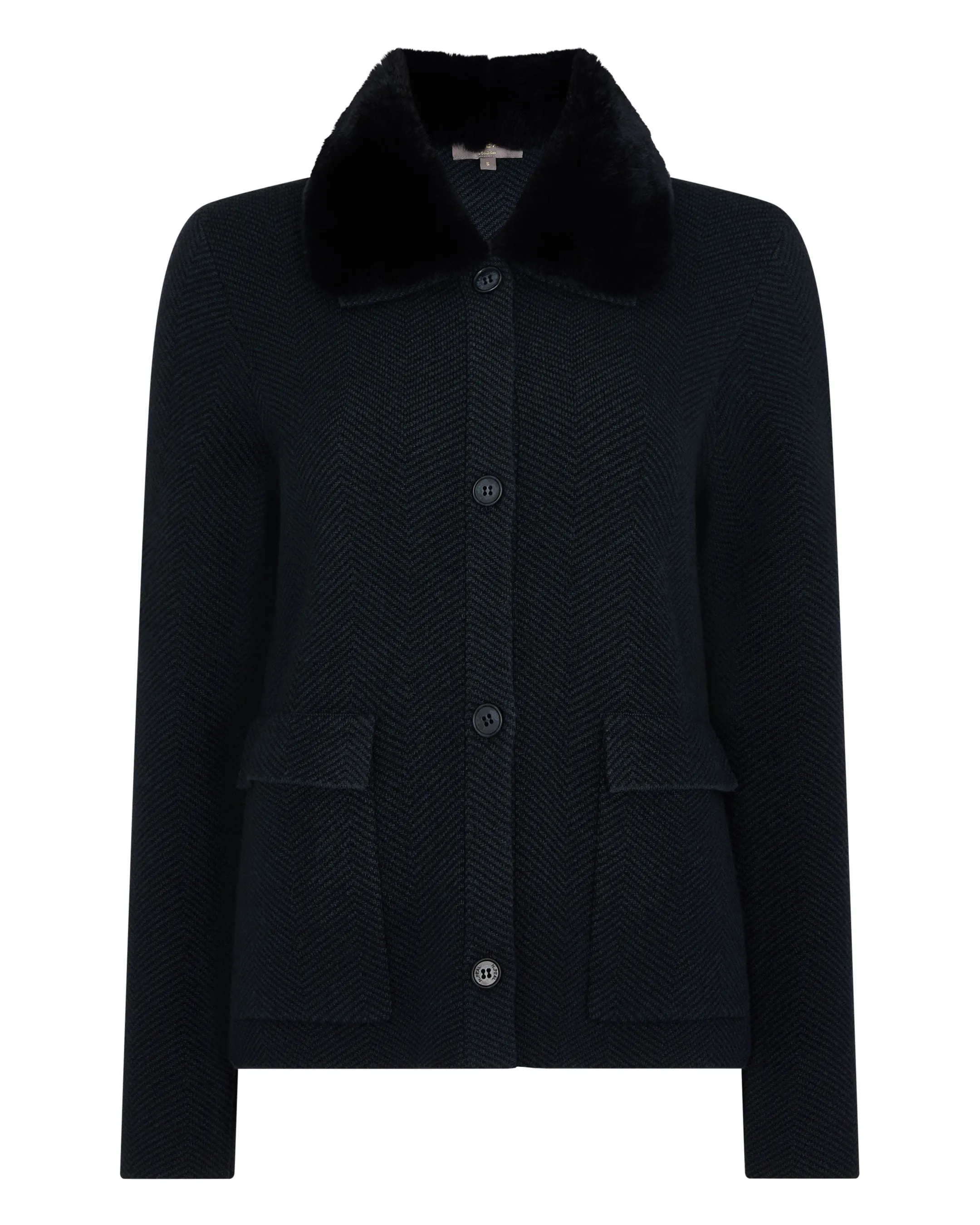 Women's Herringbone Cashmere Jacket with Fur Trim Navy Blue