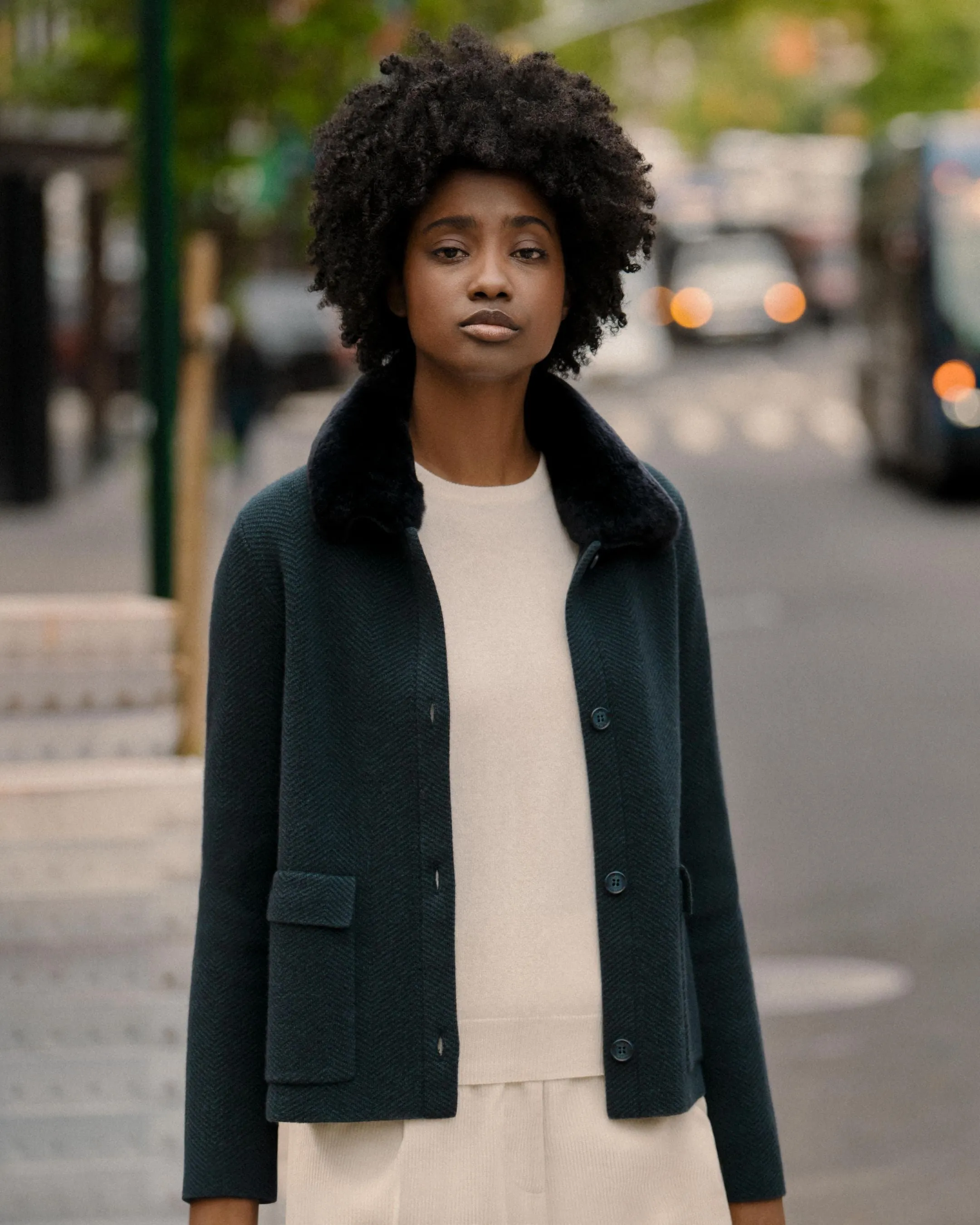 Women's Herringbone Cashmere Jacket with Fur Trim Navy Blue