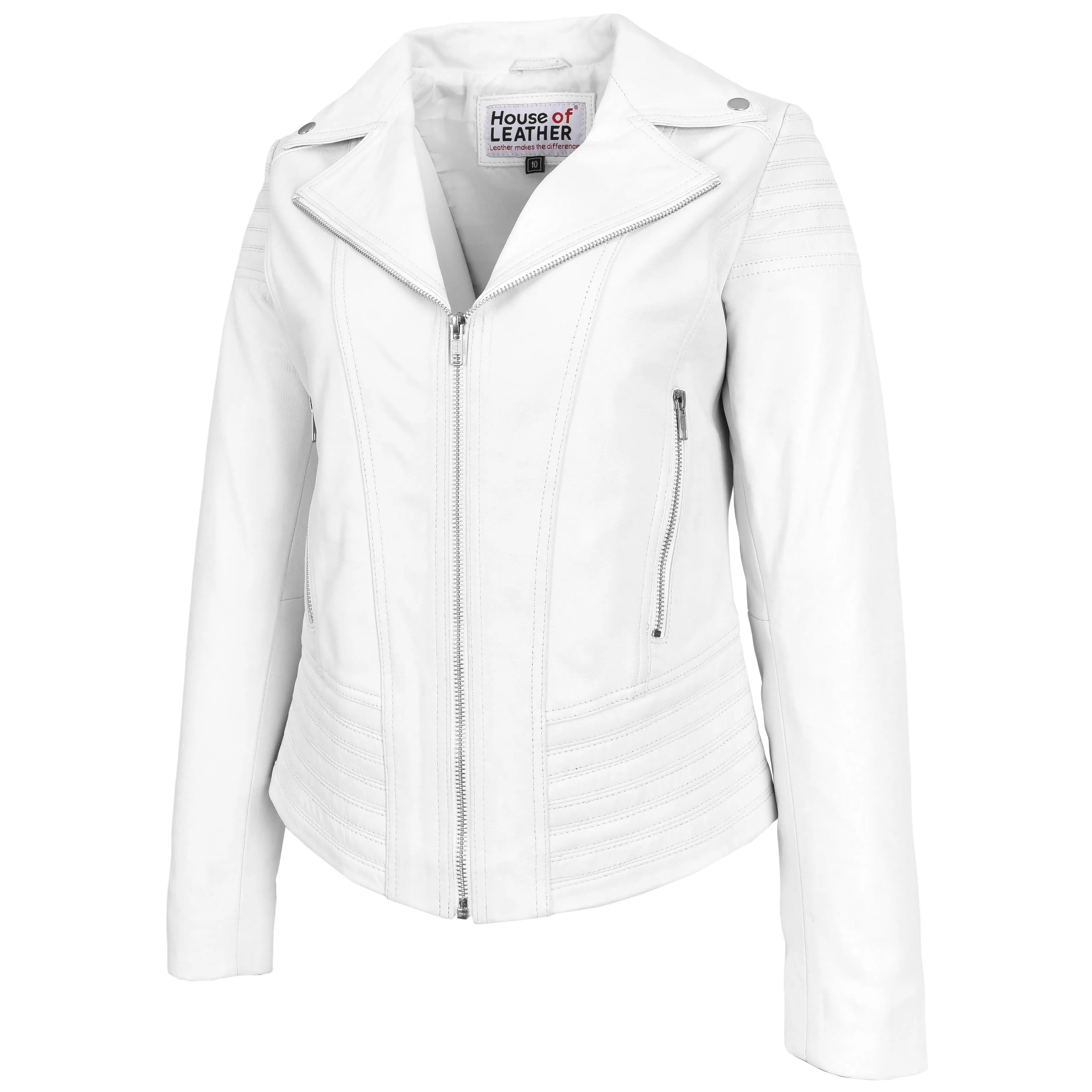 Womens Real Leather Biker Jacket Trendy Fitted Casual Style Emily White