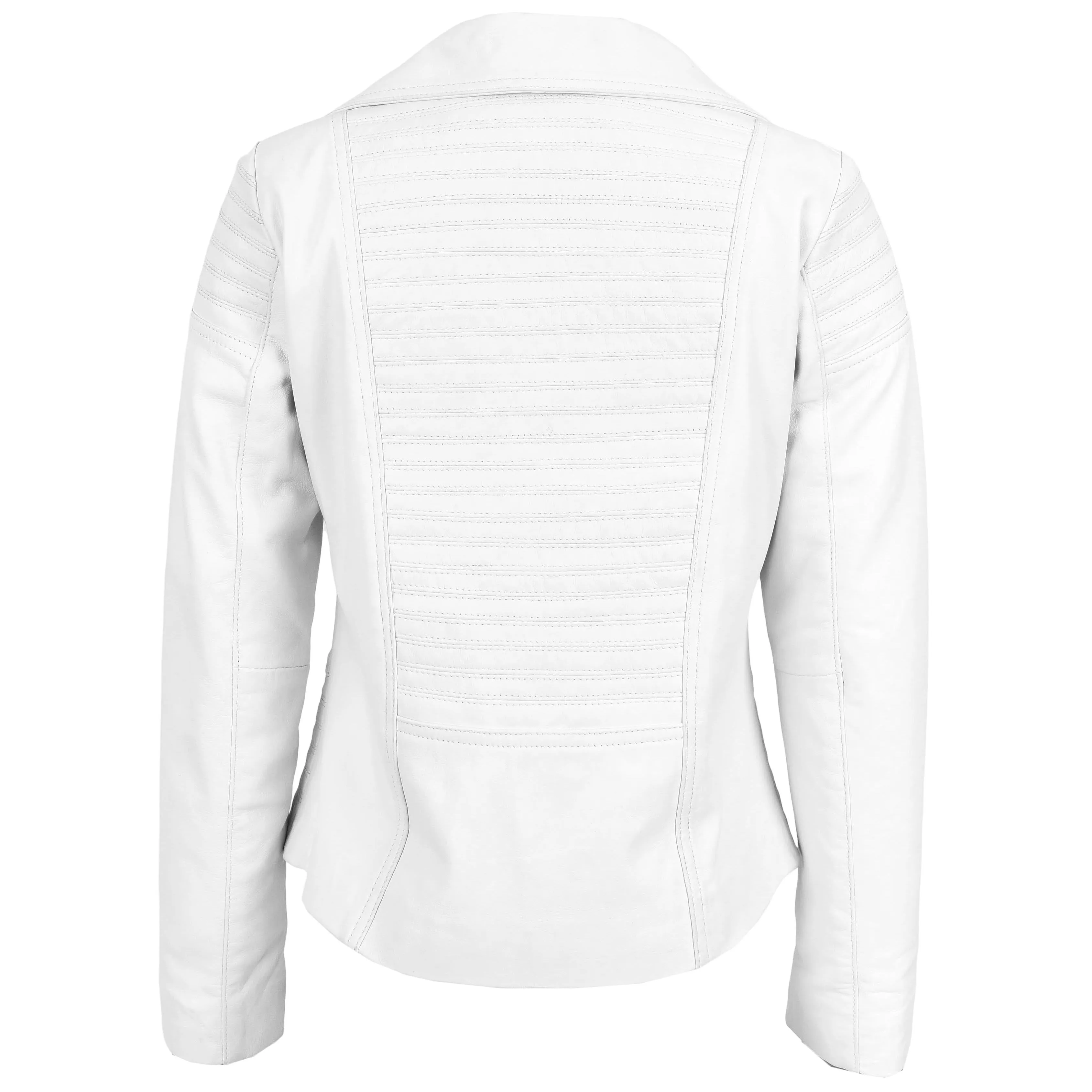 Womens Real Leather Biker Jacket Trendy Fitted Casual Style Emily White