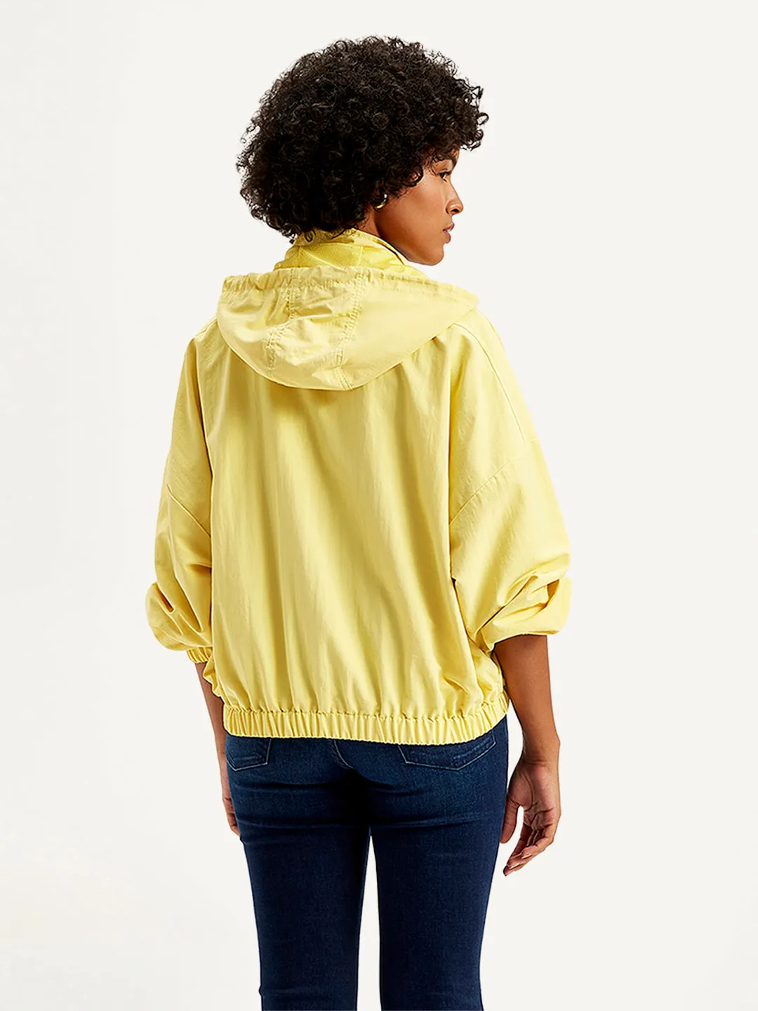 Women's Solid Yellow Hooded Windcheater Jacket