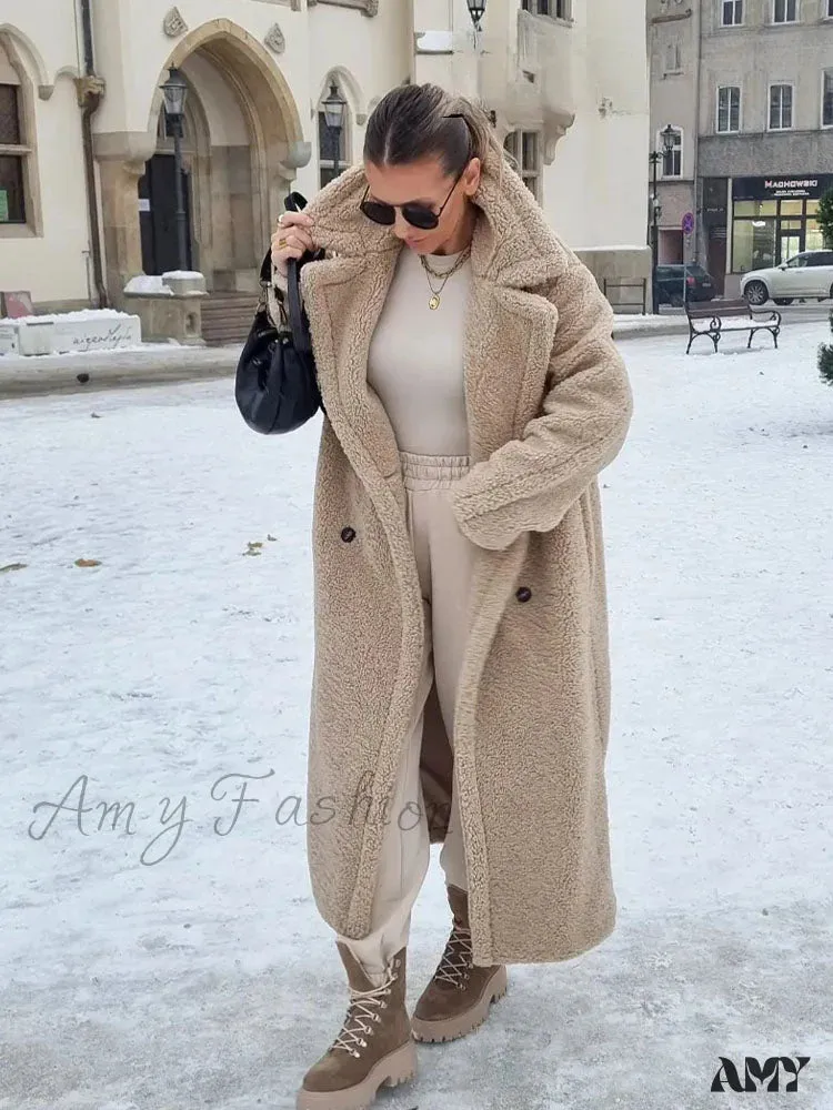 Wool Blend Autumn Winter Lapel Chic Long Sleeve Double Breasted Big Street Coat